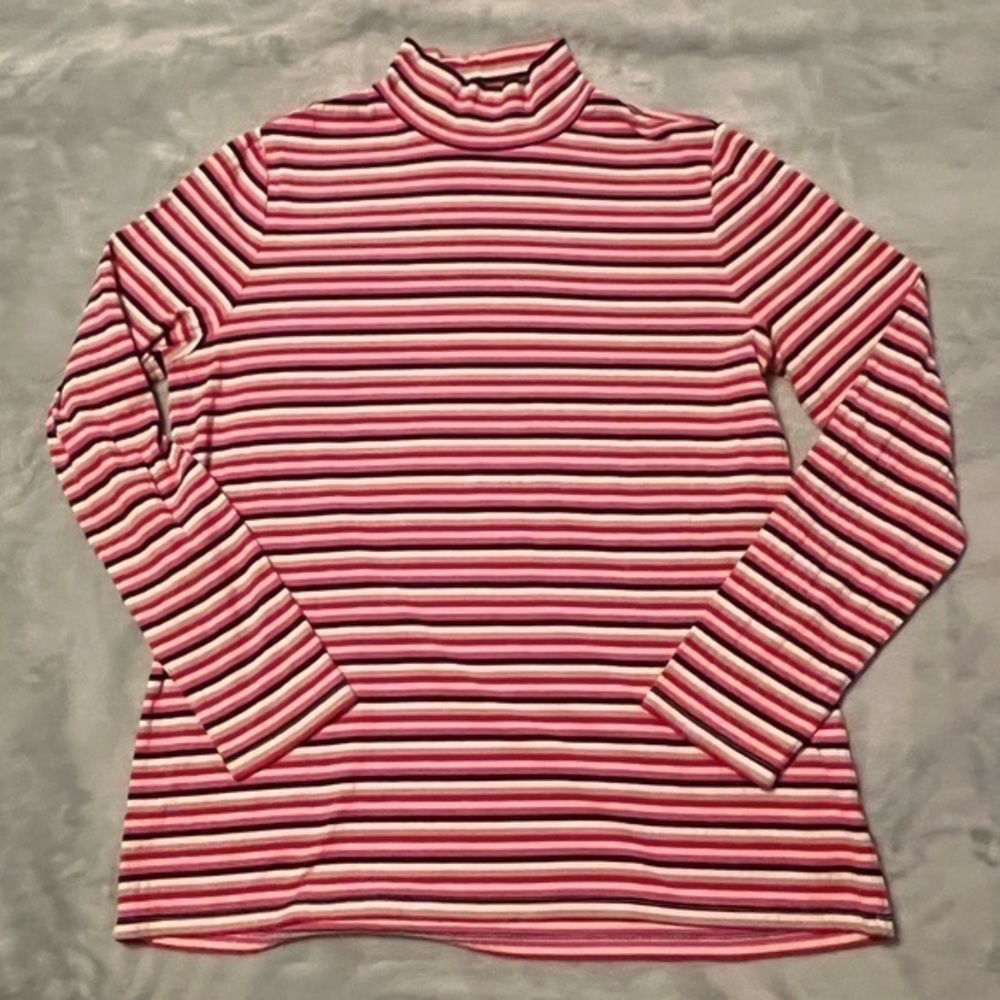 Lands’ End Mock Neck Striped Top Large Red Pink White Like New